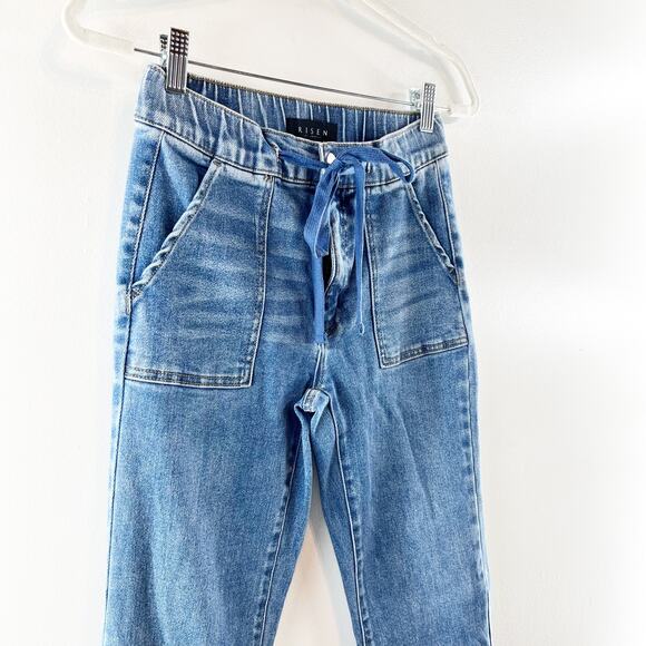 Risen Denim Mid Rise Flare Jeans With Drawstring and Front Pockets Blue 5 / 27 - Picture 10 of 13